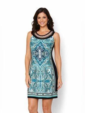 CB Casual Beaded Neck Dress Petite Small Teal Paisley Mandala Sleeveless Tunic